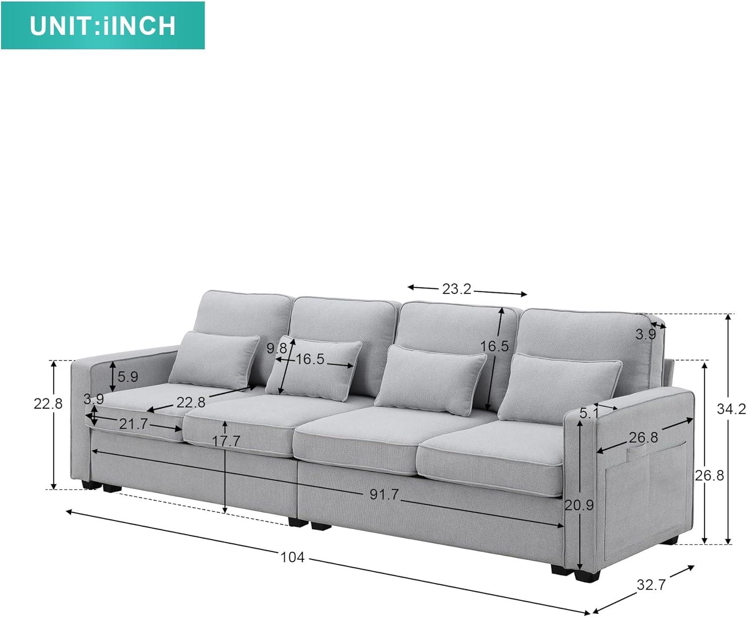 Light Grey Linen 4-Seater Sofa with Armrest Pockets