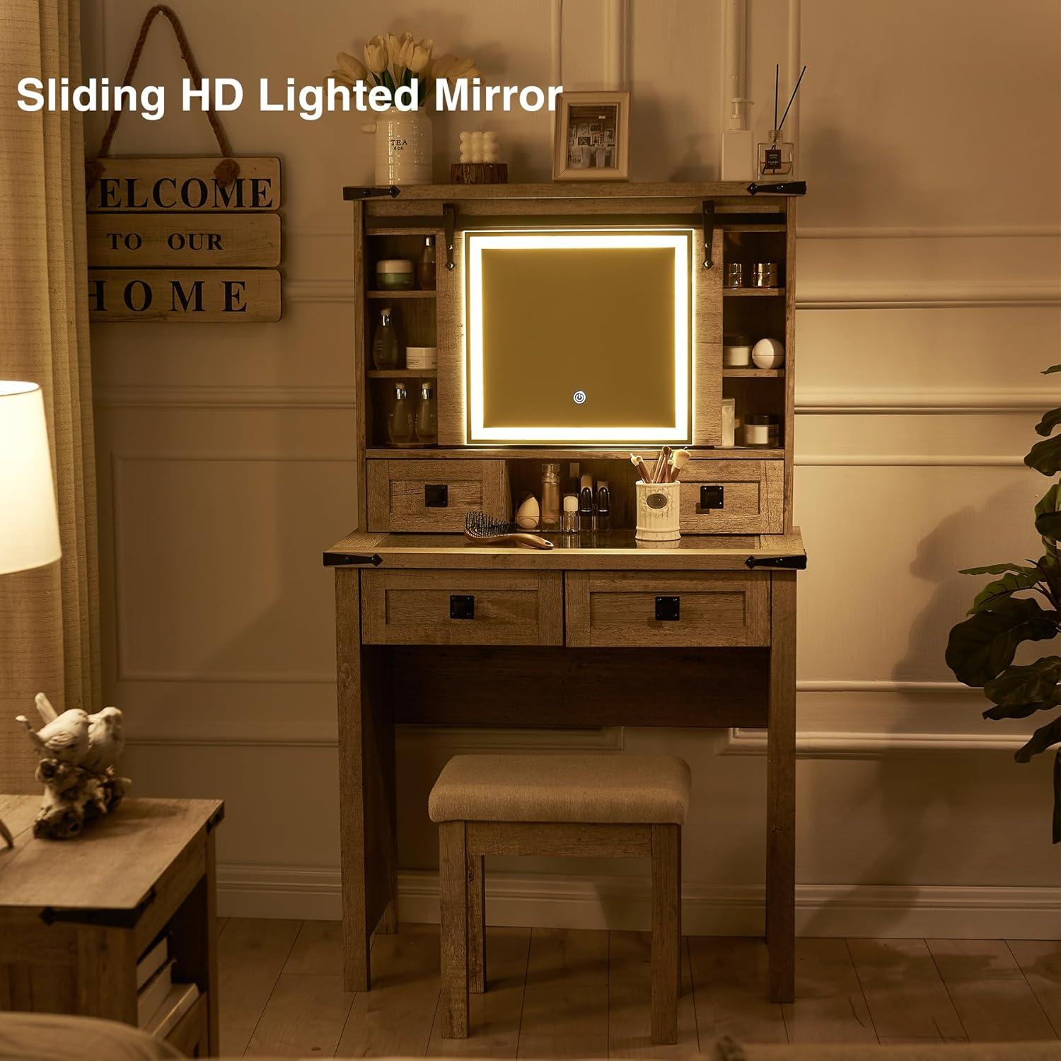 OKD Farmhouse Rustic Makeup Vanity Desk with Sliding Mirror and Lights, Glass Top Vanity Set with Charging Station, 4 Drawers & 1 Cabinet, Includes Stool - Big Vanity for Bedroom, Light Rustic Oak