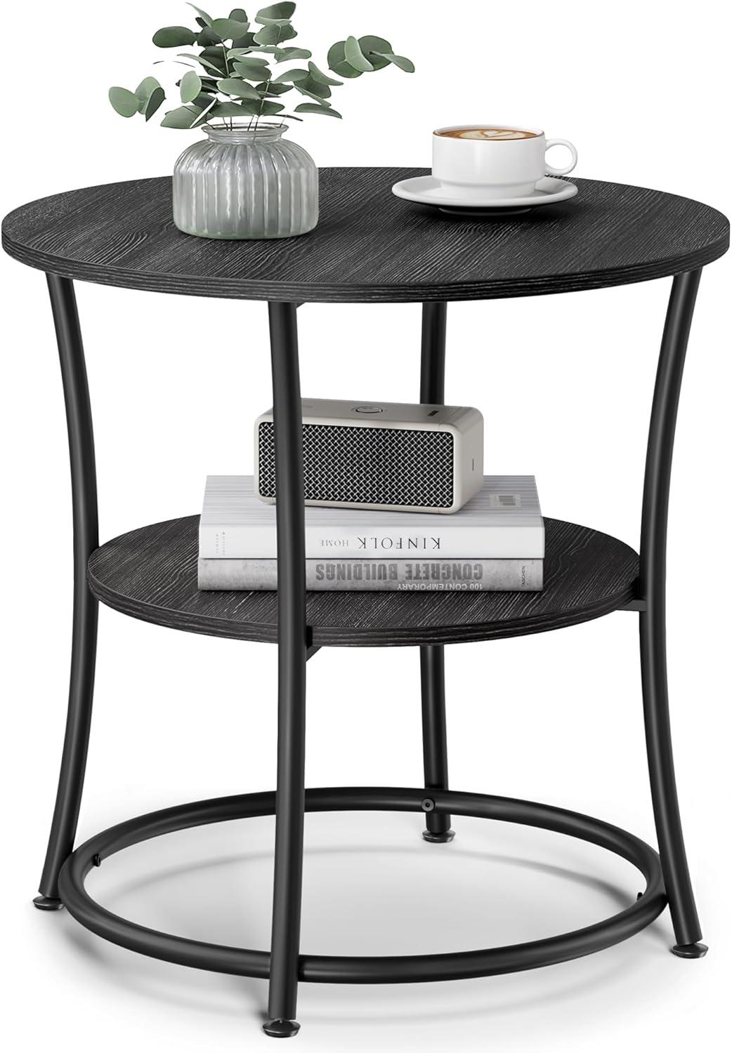 Charcoal Gray and Black Round Metal Side Table with Shelves