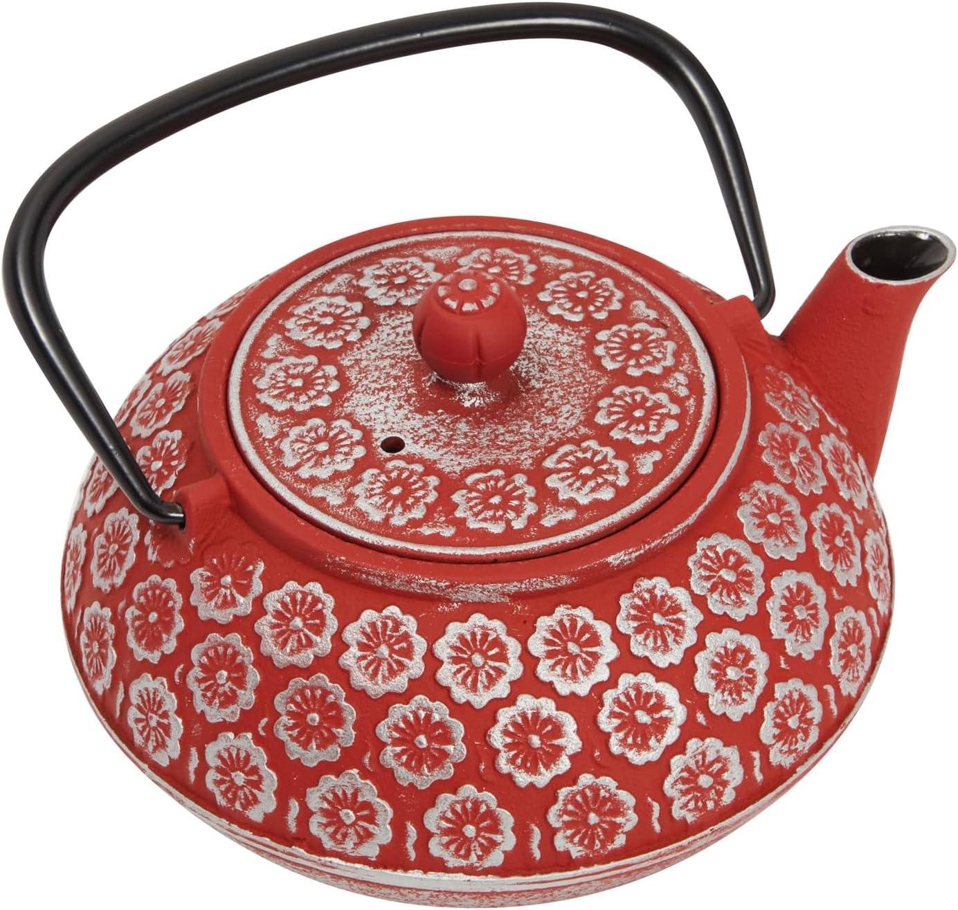 Juvale Green Cast Iron Floral Teapot Kettle with Stainless Steel Infuser Set, Japanese Tea Pot for Kitchen Pantry, 34 oz