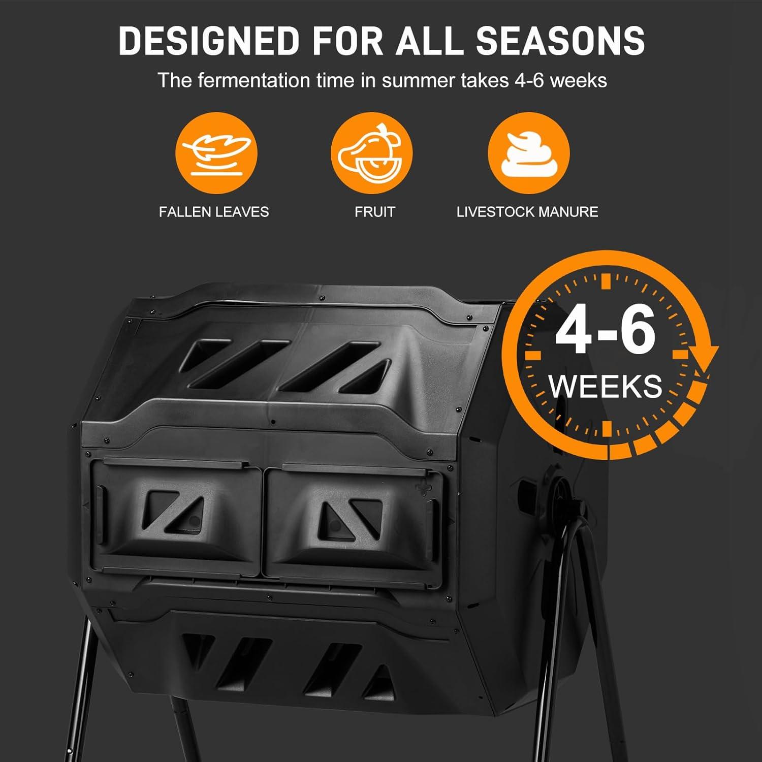Pure Garden Compost Tumbler - 43Gal Compost Bin with Dual Chambers, 360-Degree Rotating Design, and Garden Gloves Included - Homesteading Supplies