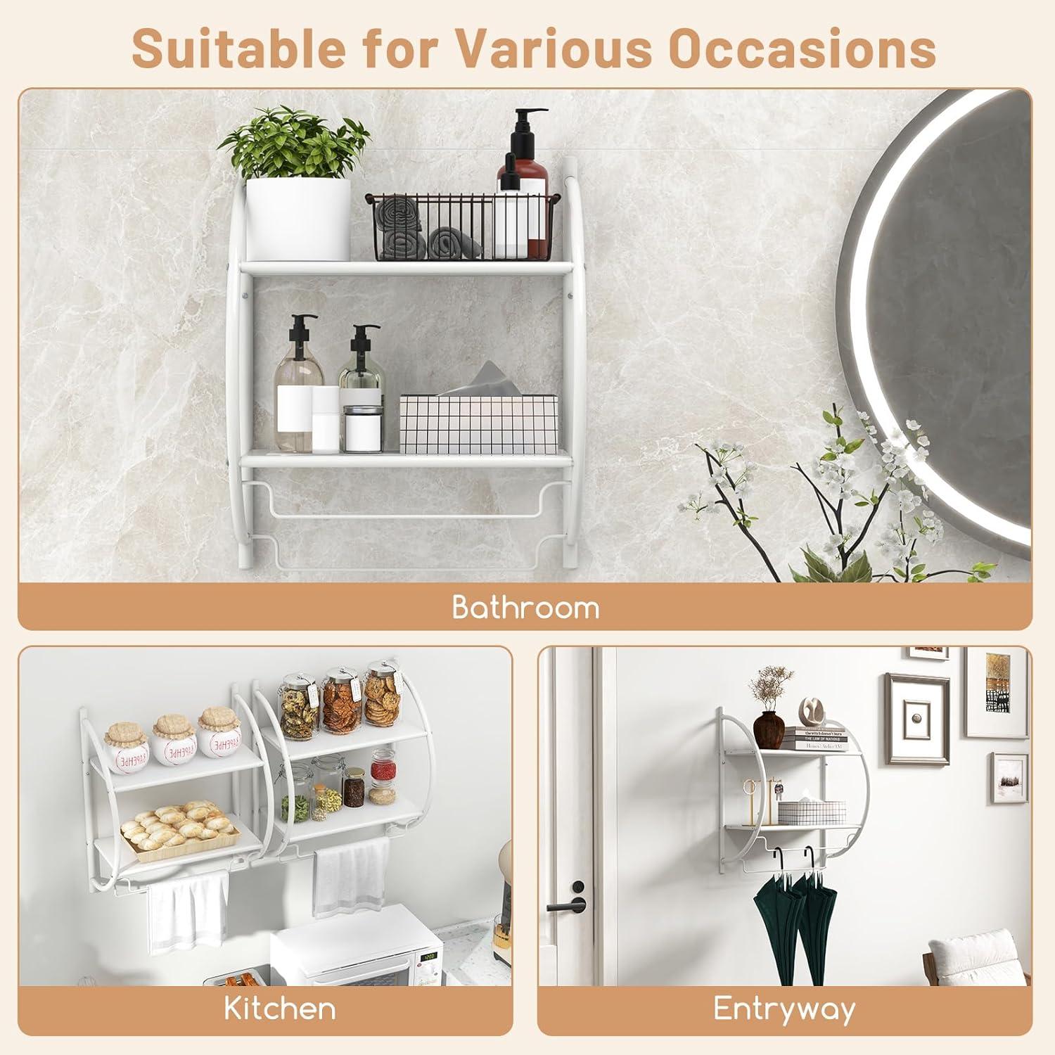 White Metal Wall-Mounted 2-Tier Bathroom Shelf with Towel Bars