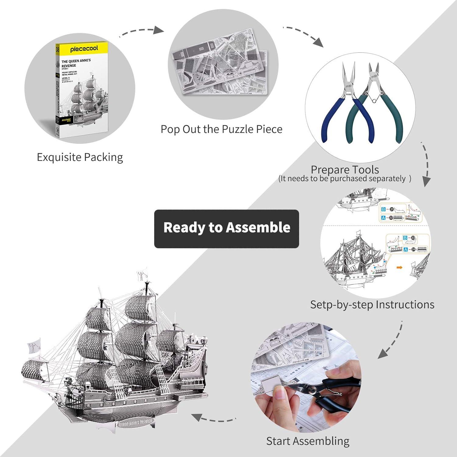 Piececool 3D Puzzle for Adults Metal Pirate Ship Model Kits, The Queen Anne's Revenge Flying Dutchman Ship Models Building Kits 3D Puzzle Toy, Great Birthday Gift -63Pcs