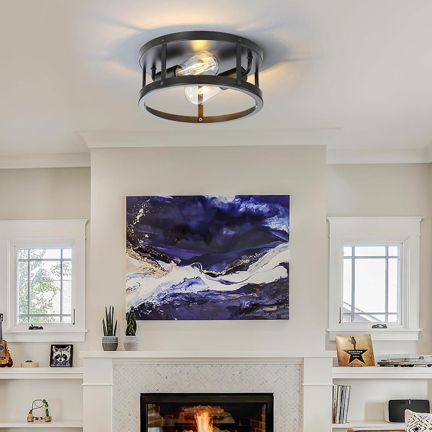 2-Light Industrial Flush Mount Ceiling Light Fixture,Black Farmhouse Ceiling Light Fixture,Modern Flush Mount Light Fixture for Kitchen Bedroom Living Room Hallway 2 Pack