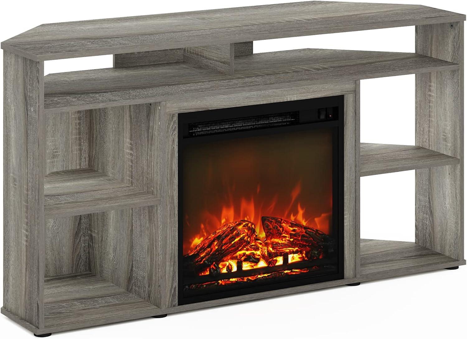 French Oak Grey Corner TV Stand with Electric Fireplace