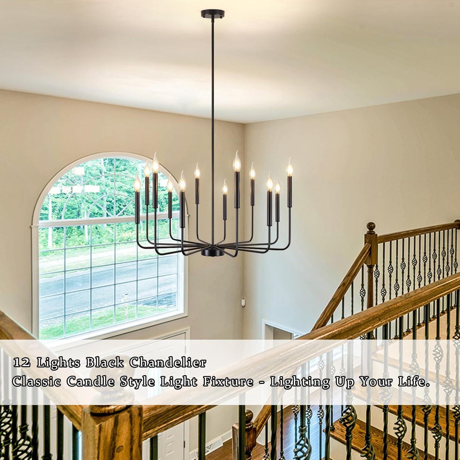 Vikaey Metal Black Chandelier, 12-Light Farmhouse Classic Candle Ceiling Hanging Light Fixture, Rustic Pendant Lighting for Kitchen Island, Dining Room, Living Room, Stair, UL Listed