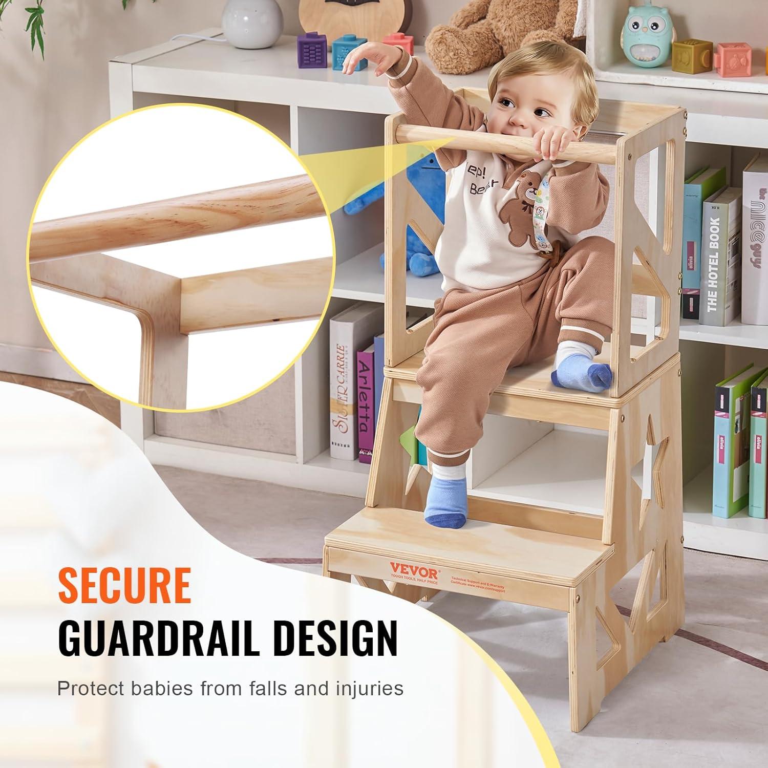 Toddler Step Stool 150lbs. Load Natural Pine Wood Toddler Stool Helper with Safety Rail for Bedroom Bathroom Kitchen Kid
