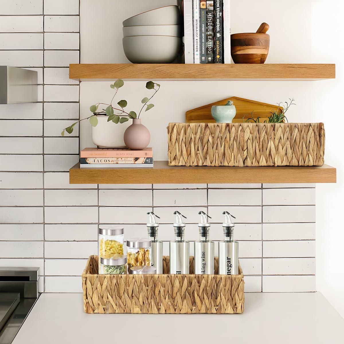 INDSUMOT Set of 2 Bathroom Storage Baskets, Natural - Water Hyacinth, 16" W x 6.75" D x 4.25" H, Woven Toilet Tank Topper Bins for Organizing Tissues, Toilet Paper, Toiletries, Shelves