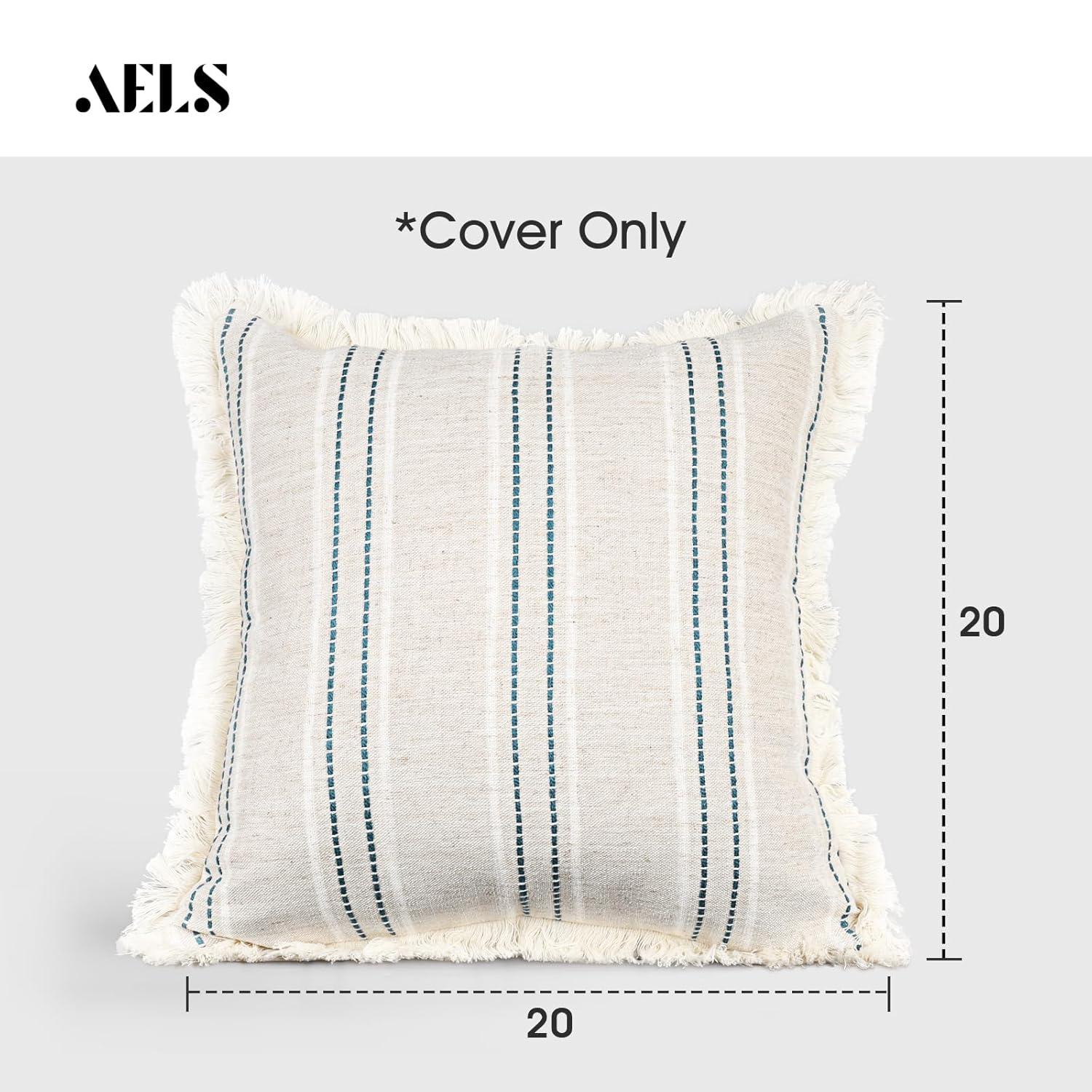 AELS 18x18 Decorative Farmhouse Linen Throw Pillow Covers with Fringe,Boho Textured Pillow Case,Set of 2,Beige with White & Navy Blue Stitch Yarn Dyed Stripe Cushion Cover for Sofa Couch (Cover ONLY)