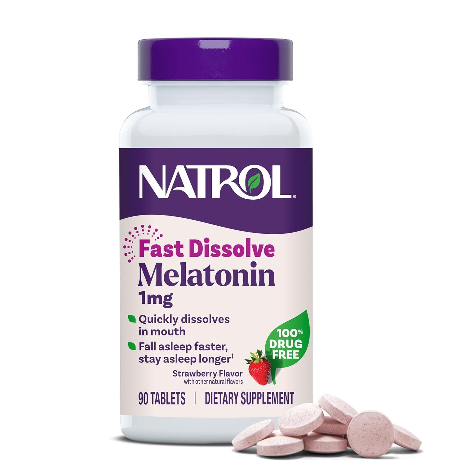 Natrol Fast Dissolve Melatonin 1 mg, Melatonin Supplements for Restful Sleep, Sleep Support for Adults, 90 Strawberry-Flavored Tablets, Up to a 90 Day Supply