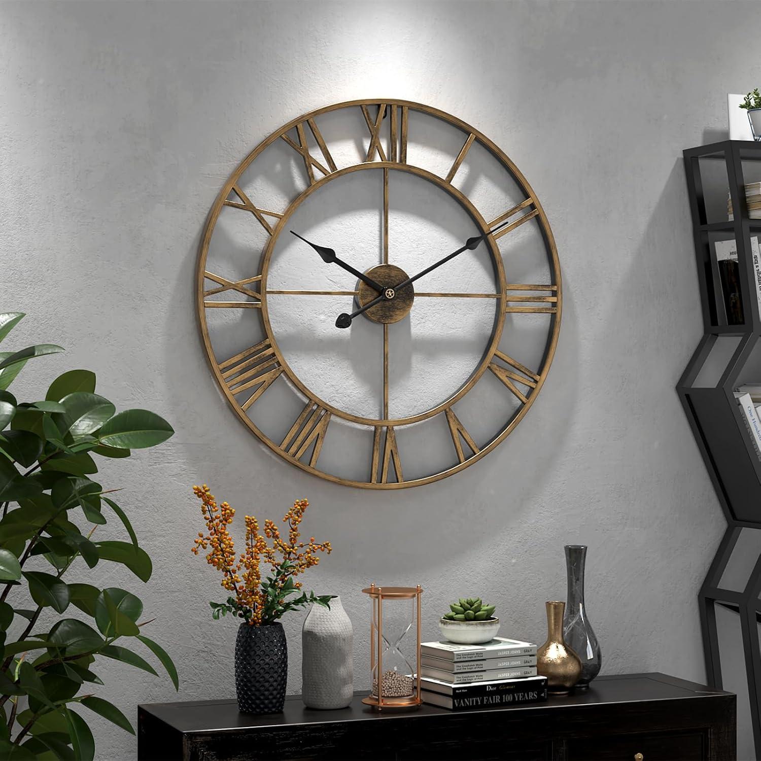 Oversized Gold Metal Roman Numeral Wall Clock