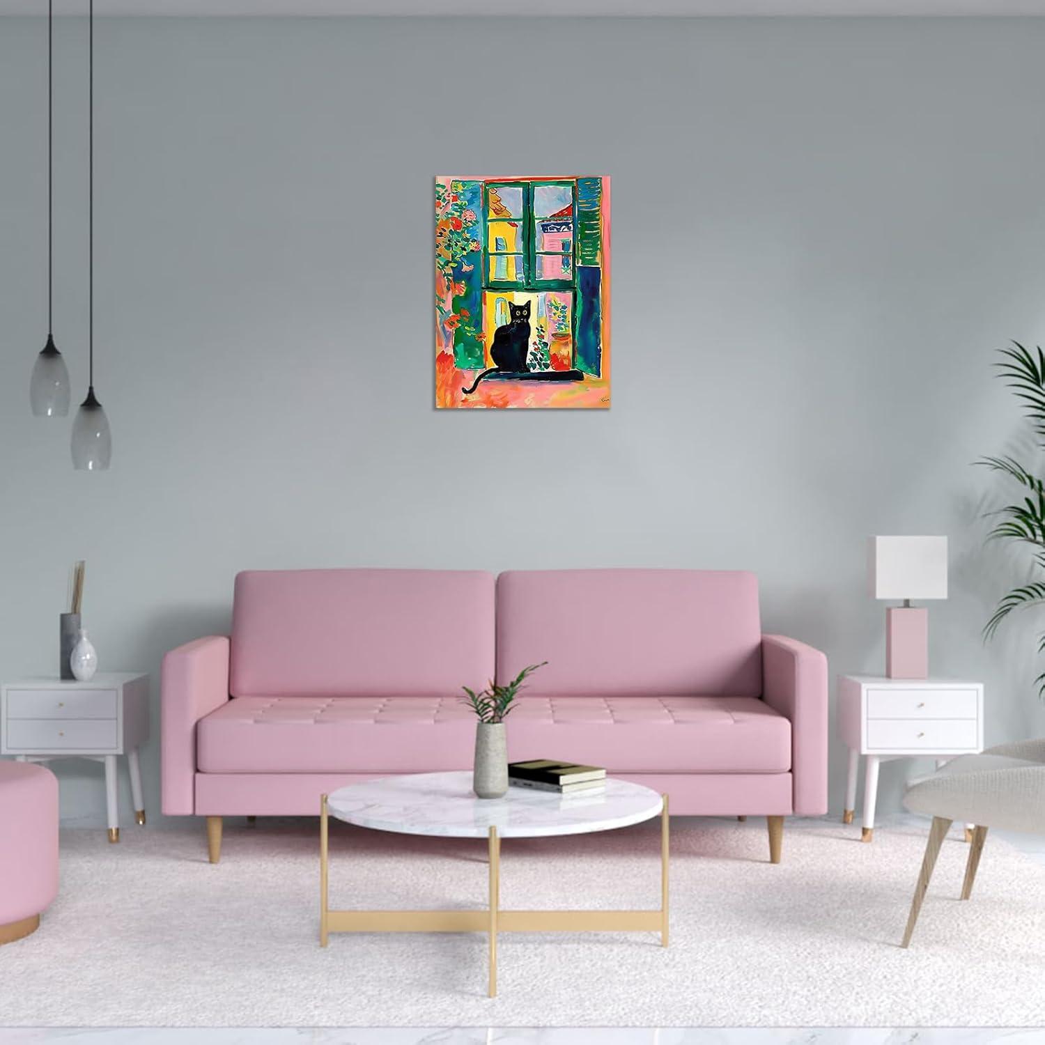 Henri Matisse Oil Paintings on Canvas Wall Art Matisse Famous Open Window Black Cat Poster Funny Cat Floral Print Colorful Farmhouse Gallery Aesthetic Room Decor for Bedroom Bathroom 12x16in Unframed