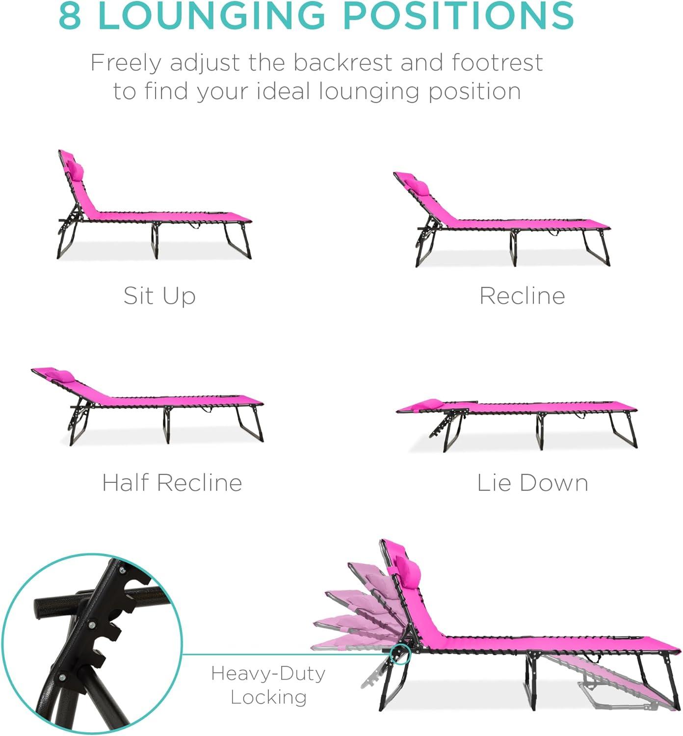 Best Choice Products Patio Chaise Lounge Chair, Outdoor Portable Adjustable Pool Recliner w/ Pillow - Dark Pink