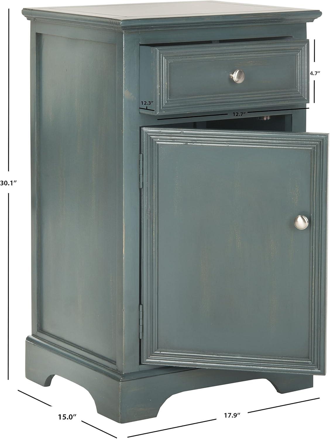 Transitional Blue-Gray Pine Wood Nightstand with Metal Accents and Storage