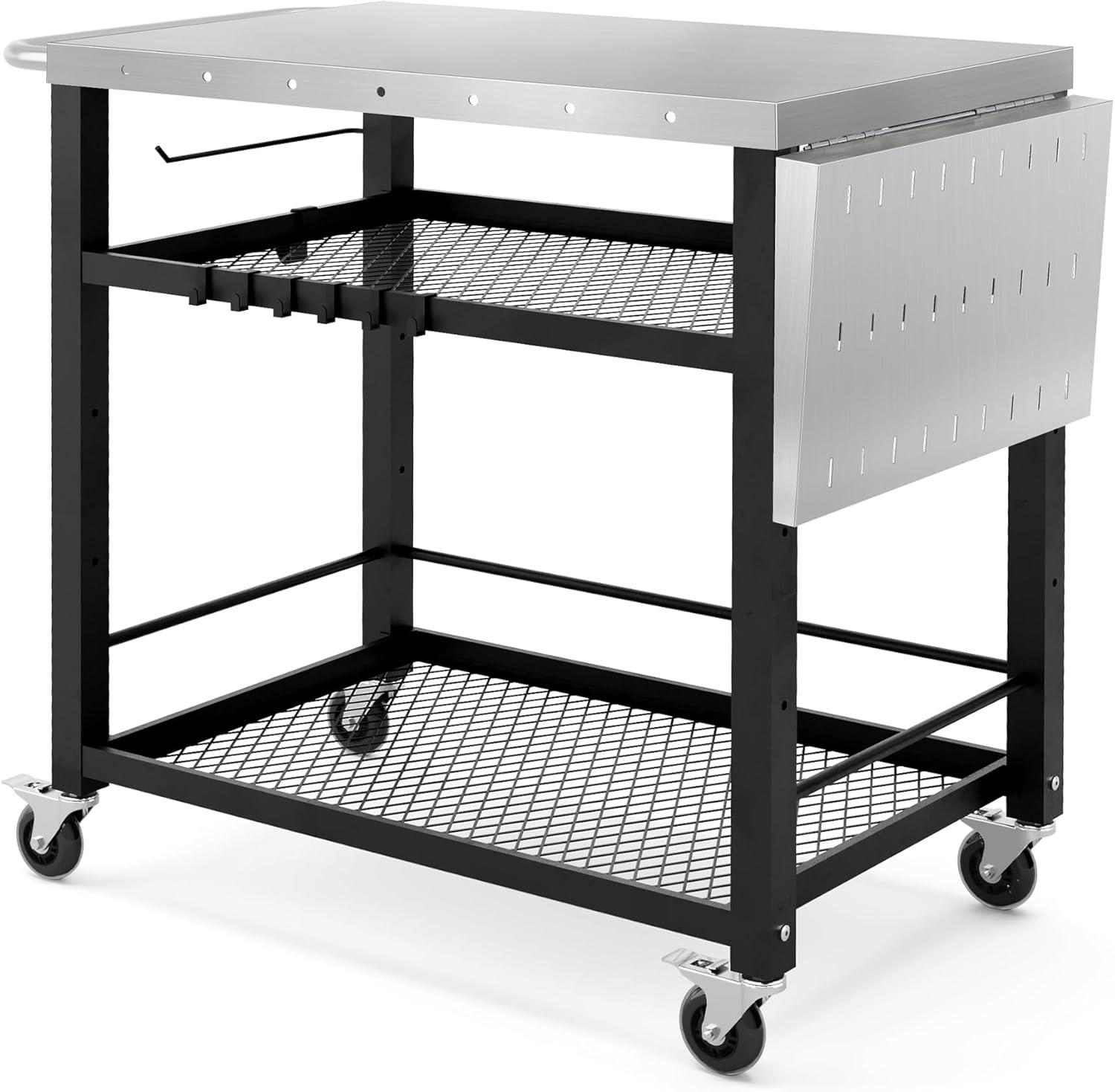 Dycanpo 33” Grill Cart Outdoor, Movable Gill Table, Stainless Steel, 3 Tiers, Black