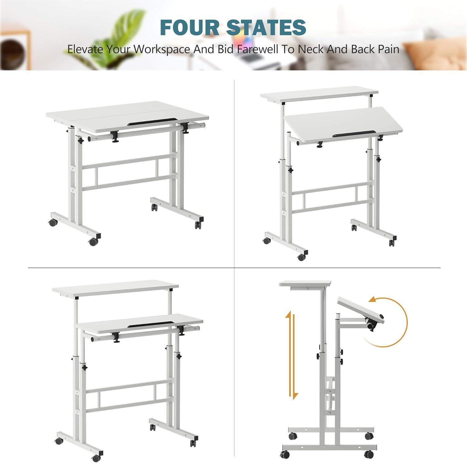 QuellQuest Adjustable Laptop Desk with Wheels Home Office Workstation Rolling White Table Laptop Cart for Standing or Sitting