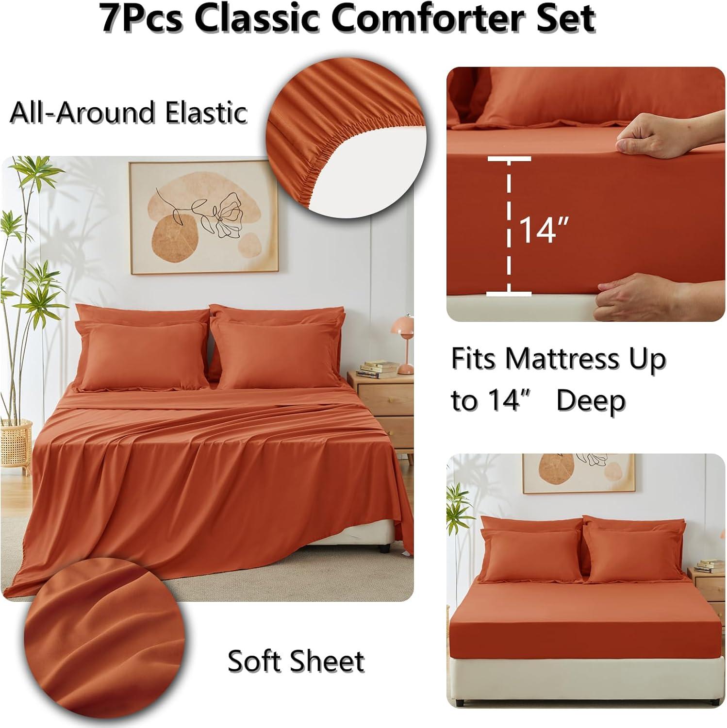 CozyLux Queen Comforter Set 7 Pieces Bed in a Bag Burnt Orange All Season Bedding with Comforter, Pillow Shams, Flat Sheet, Fitted Sheet and Pillowcases