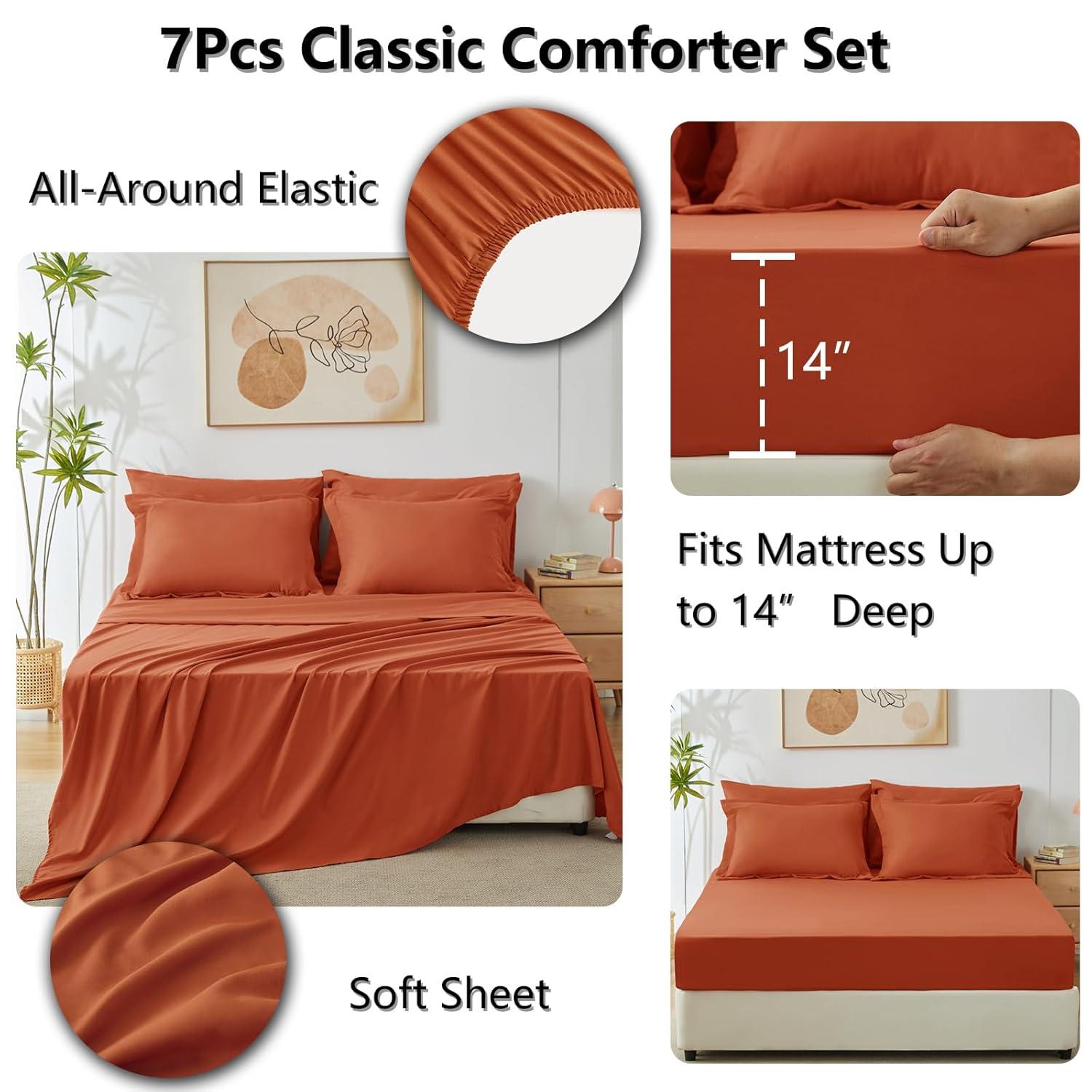 CozyLux Queen Comforter Set 7 Pieces Bed in a Bag Burnt Orange All Season Bedding with Comforter, Pillow Shams, Flat Sheet, Fitted Sheet and Pillowcases