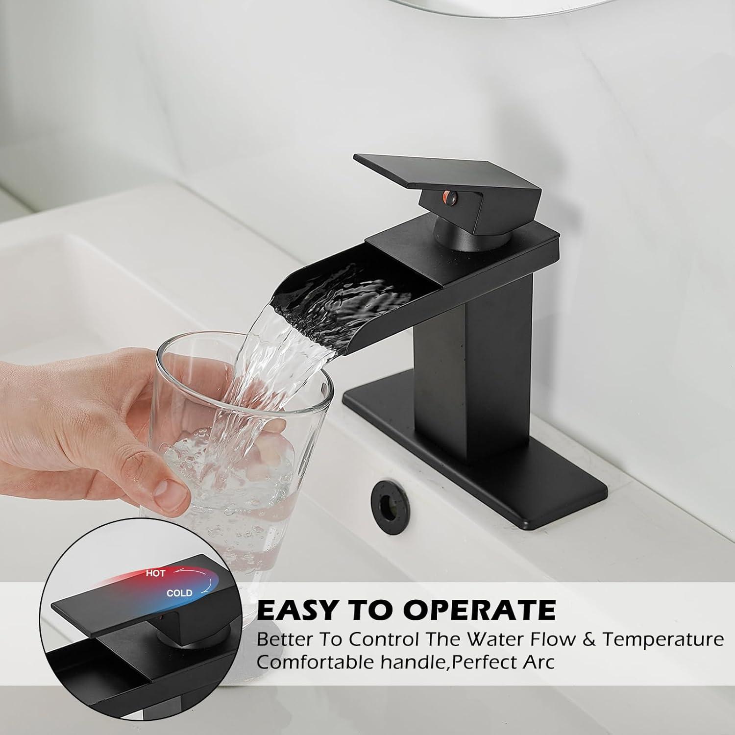 BWE Black Bathroom Faucet Waterfall Single Handle Bathroom Faucet One Hole Bathroom Sink Faucet with Supply Line Lavatory Vanity Mixer Tap Deck Mounted Matte Black