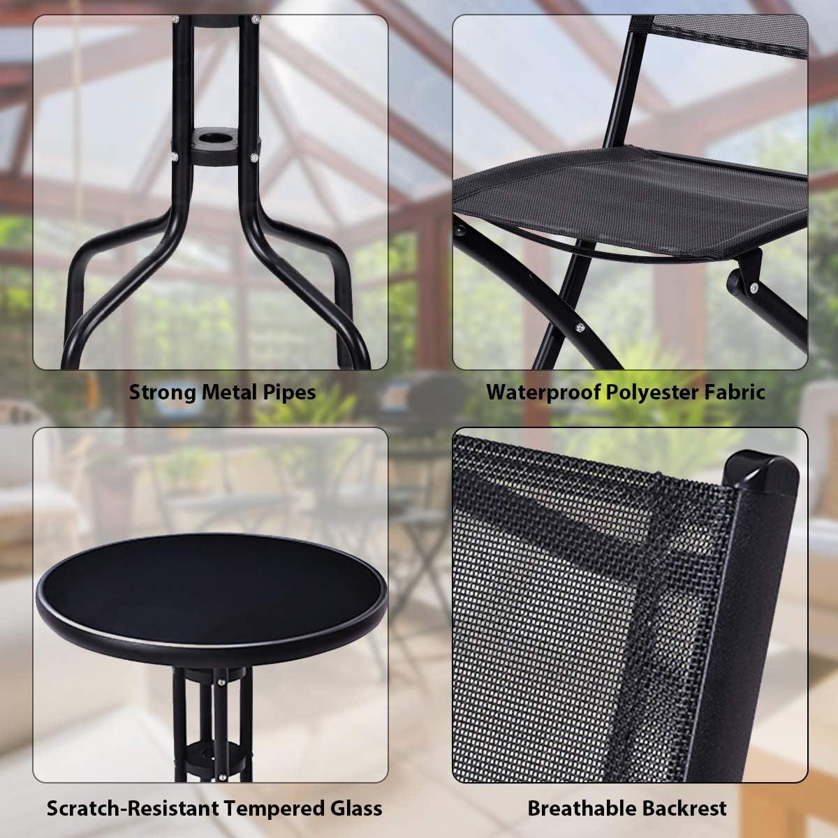 Black Metal and Glass 3-Piece Bistro Set with Folding Chairs