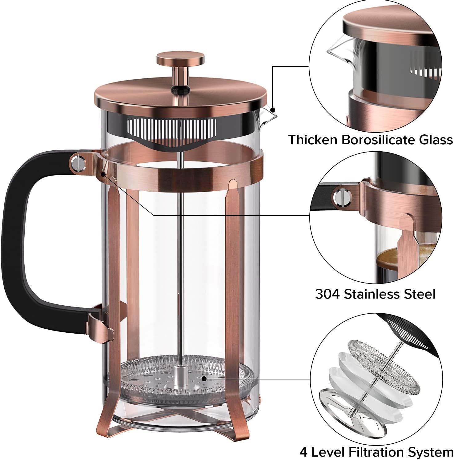 French Press Coffee Maker (21oz 600ML 3-4Cup) Coffee Press, with 4 Filters System, Heat Resistant Thickness Borosilicate Glass, Cold Brew Coffee Tea Pot Gifts (Copper)