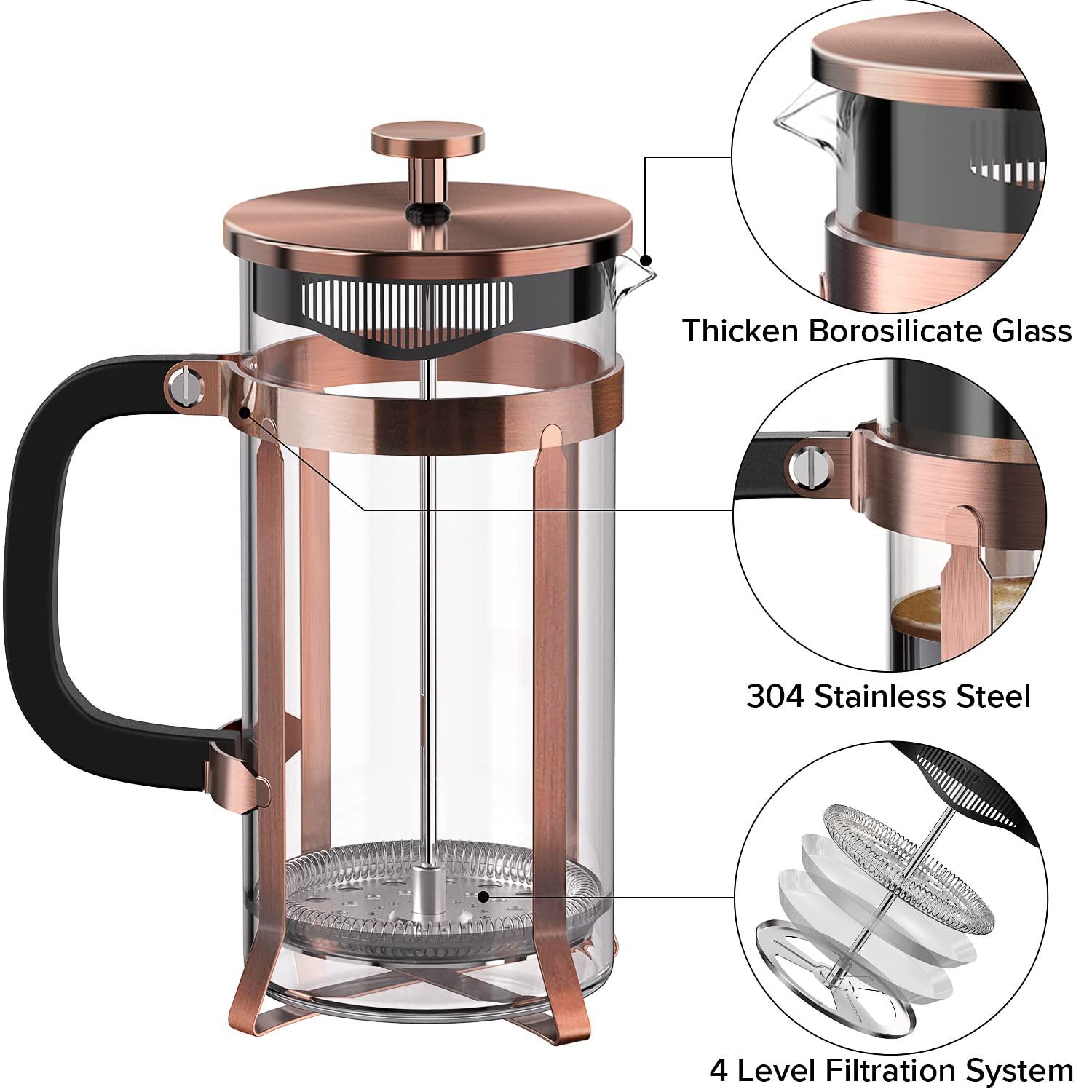 French Press Coffee Maker (21oz 600ML 3-4Cup) Coffee Press, with 4 Filters System, Heat Resistant Thickness Borosilicate Glass, Cold Brew Coffee Tea Pot Gifts (Copper)