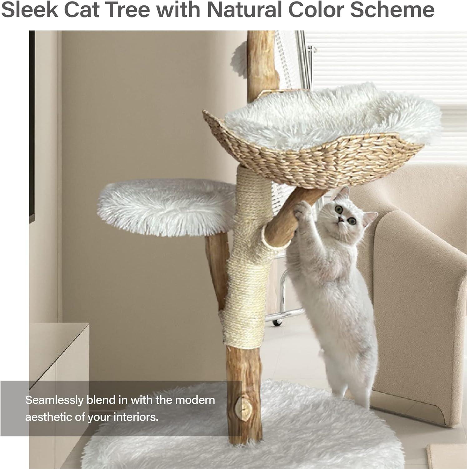 Injollylives Modern Cat Tree Tower, Wooden Cat Tower, Heavy Duty Cat Trees for Large Cats, Unique Handmade Aesthetic Cat Tree with Real Wood Branches, Luxury Boho Cat Furniture, Large