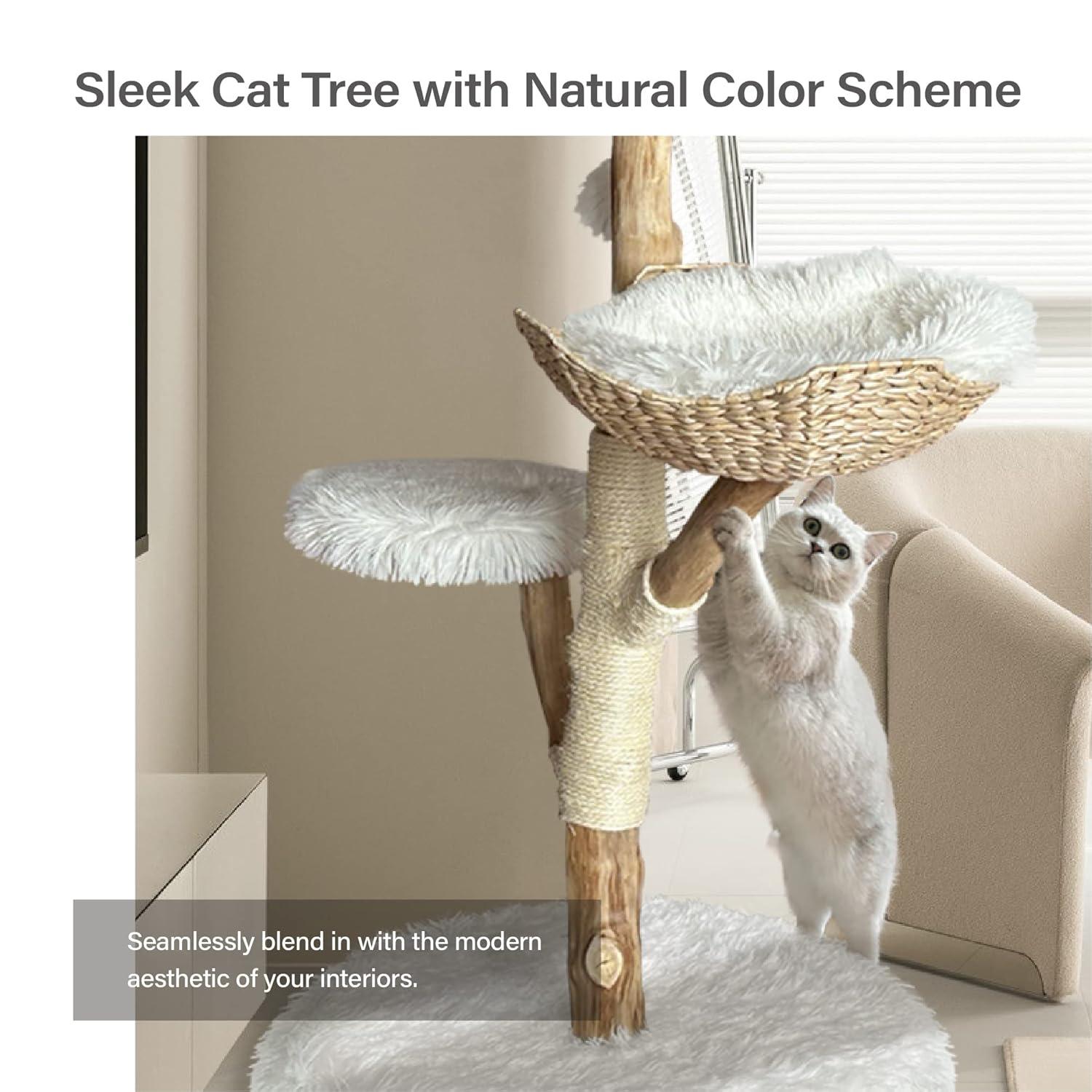Injollylives Modern Cat Tree Tower, Wooden Cat Tower, Heavy Duty Cat Trees for Large Cats, Unique Handmade Aesthetic Cat Tree with Real Wood Branches, Luxury Boho Cat Furniture, Large