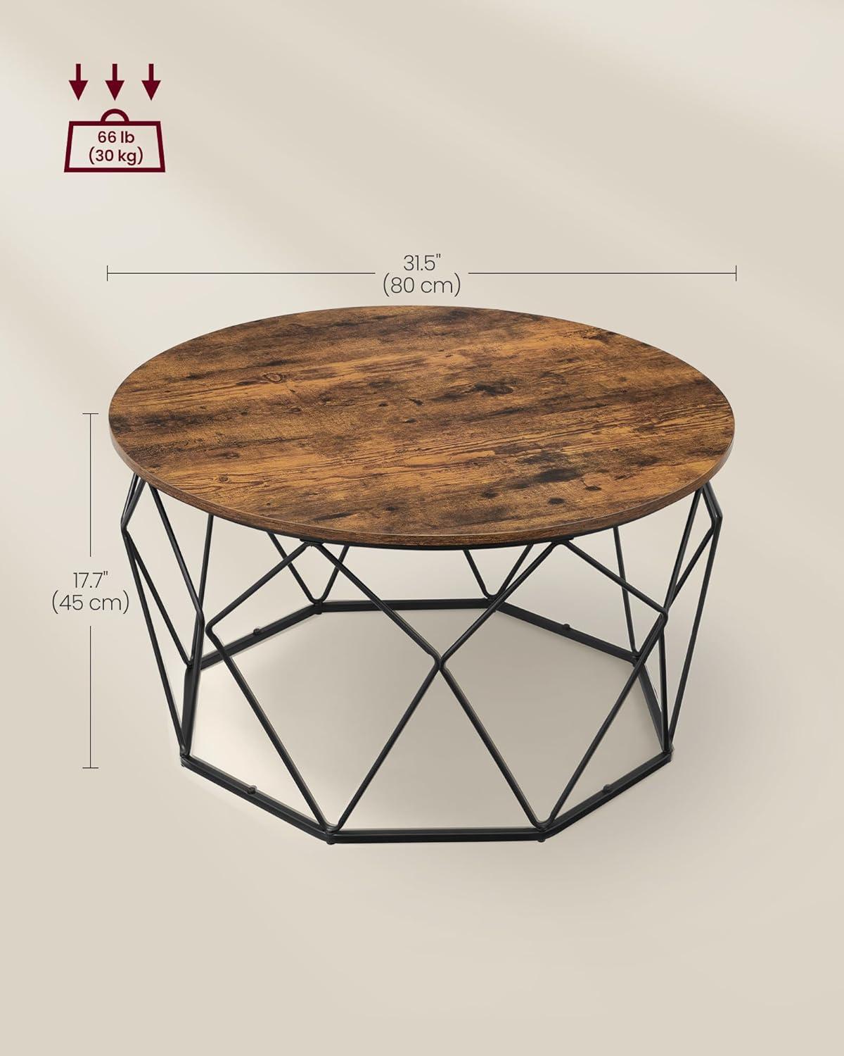 VASAGLE Round Coffee Table for Living Room, Cage Cocktail Table with Steel Frame, 31.5 Inches Dia., Industrial Style, Rustic Brown and Black ULCT040B01