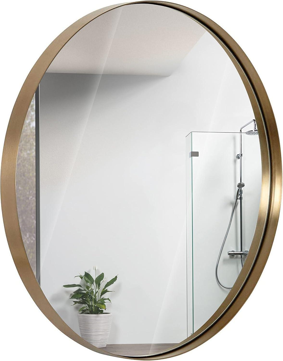 Large Round Gold Brushed Metal Wall Mirror