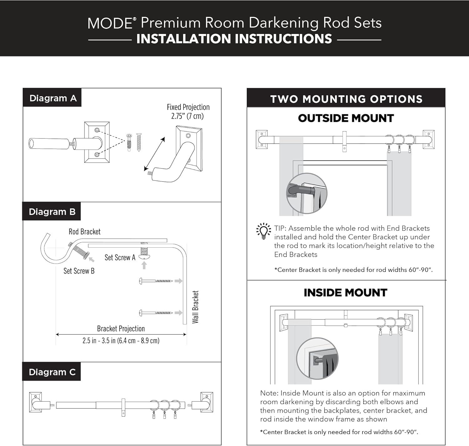 Mode Room Darkening Collection 1 in Diameter Blackout Curtain Rod Set with Steel Wall Mounted Adjustable Rod, Blocks Light, Fits 32 in To 90 in Windows