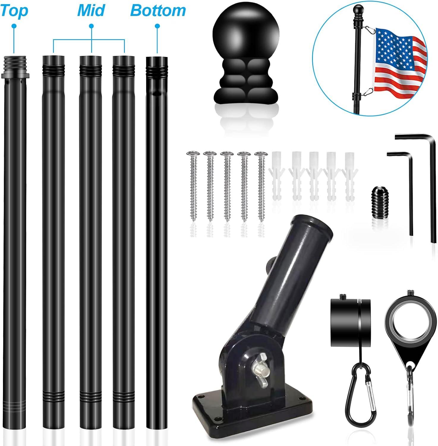 6 FT Flag Pole Kit with Mutil-Position Adjustable Bracket & Spinning Flagpole Rings, 1" Thicken Stainless Steel Metal Flag Poles for 3x5 Flag Outside House Wall Post Mount (6 FT, w/180° Black Bracket)