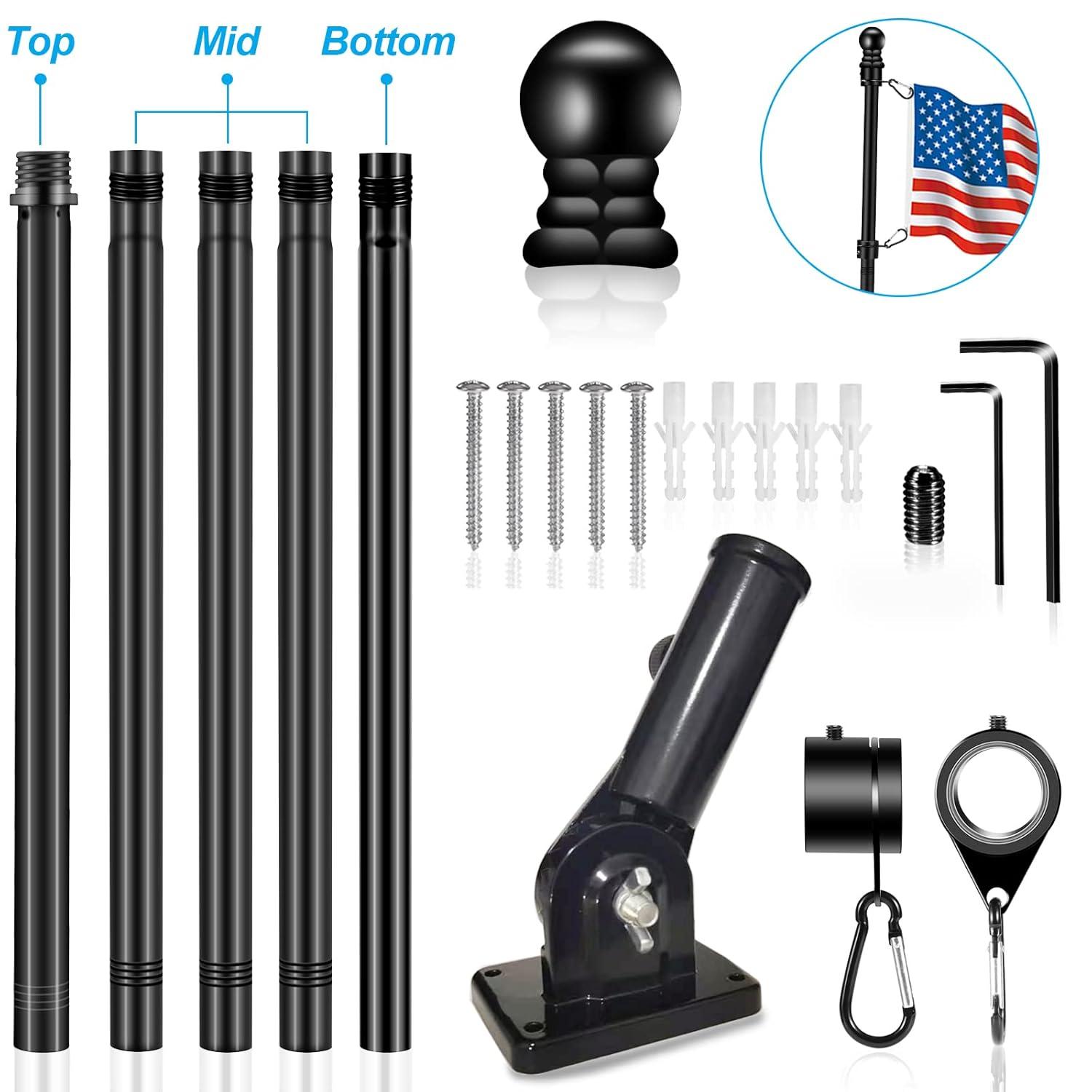 6 FT Flag Pole Kit with Mutil-Position Adjustable Bracket & Spinning Flagpole Rings, 1" Thicken Stainless Steel Metal Flag Poles for 3x5 Flag Outside House Wall Post Mount (6 FT, w/180° Black Bracket)