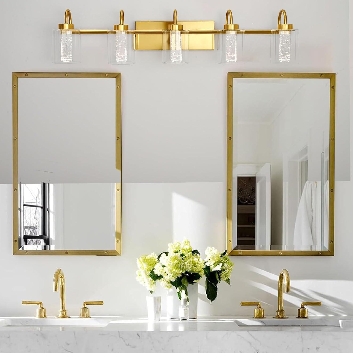 Litake 5 Light Brushed Gold Vanity Lights, Bathroom Light Fixtures Crystal Bubble Glass Dimmable 3 Color Temperatures Modern Wall Sconce for Bathroom Hallway Kitchen Bedroom Living Room