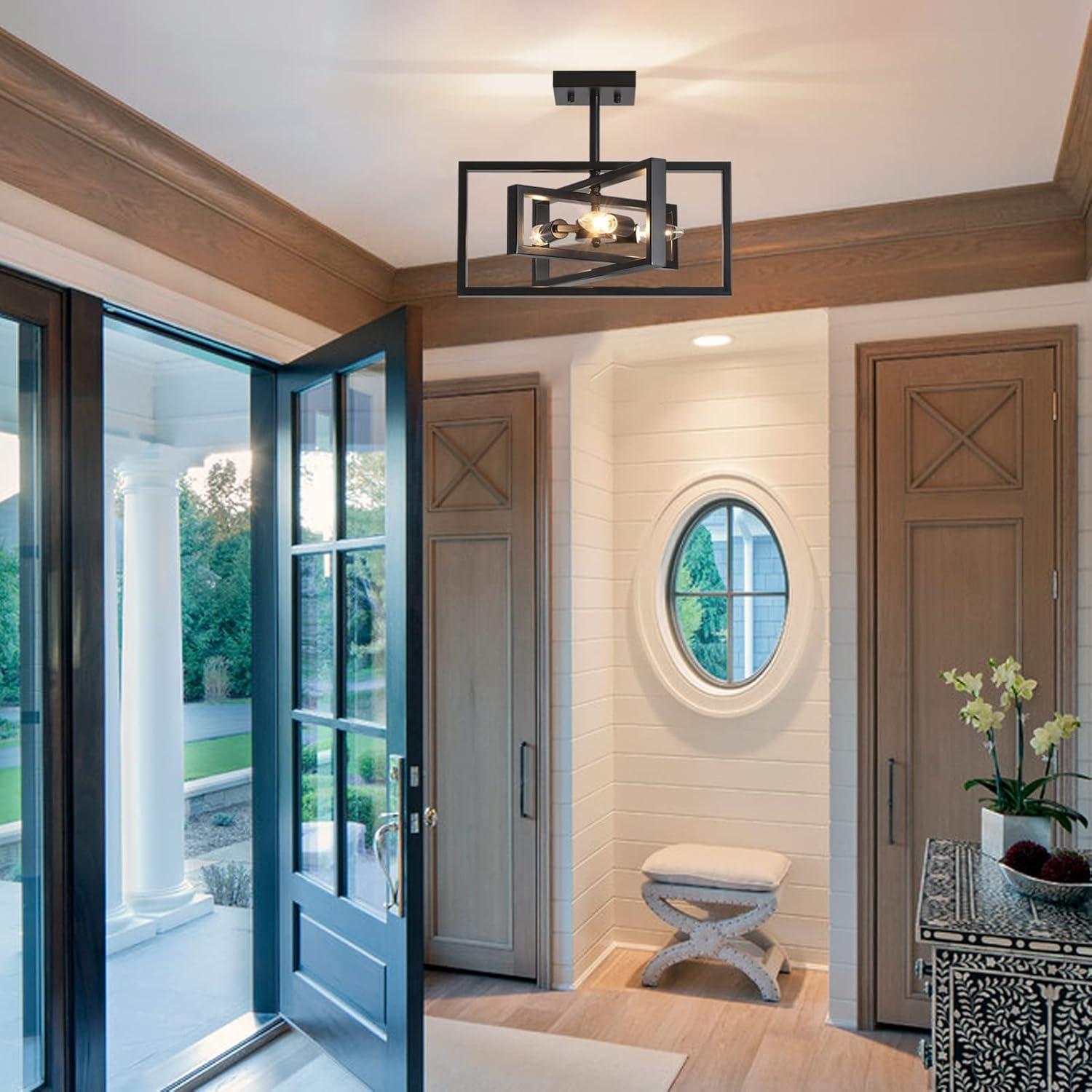 Black Semi Flush Mount Ceiling Light Fixture, 3-Light Modern Farmhouse Ceiling Light, Industrial Metal Chandelier Ceiling Lamp for Kitchen Entryway Bedroom Foyer Hallway, E26 Socket