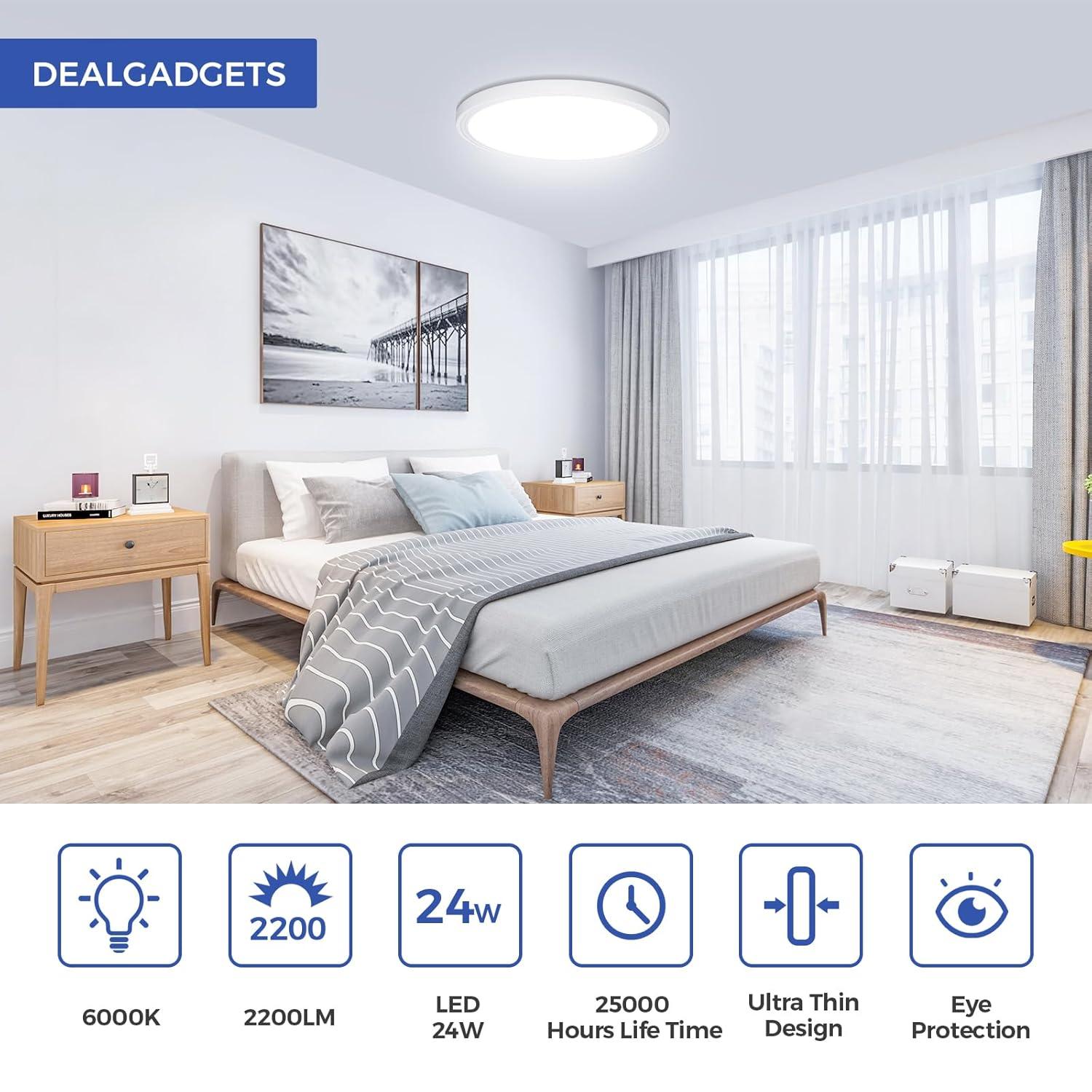 Flush Mount Ceiling Light Fixtures,24W Flat led Light for Ceiling,6000K 2200LM Ultra Thin Round White Lamp for Bedroom Kitchen,Bathroom,Garage,Living Room, Dining Room