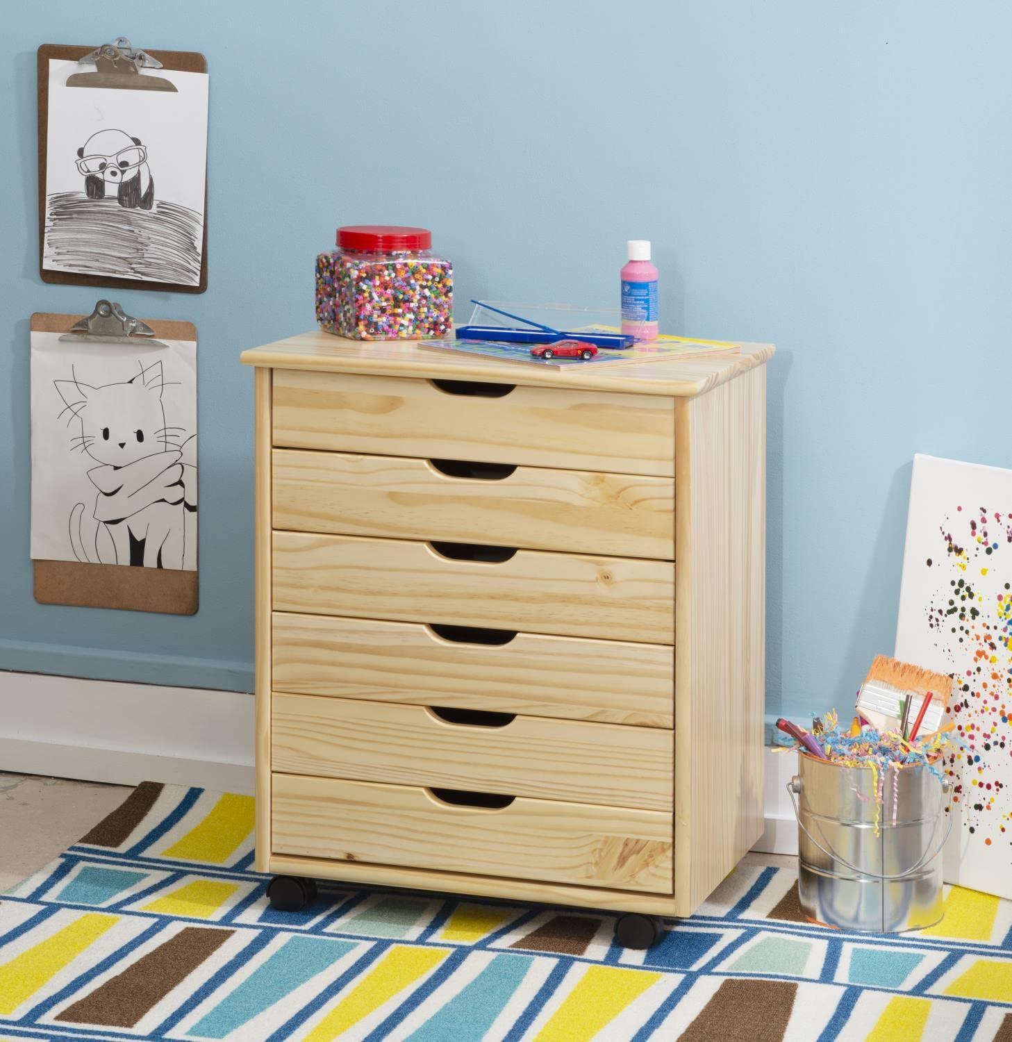 Cary Transitional 6 Drawer Solid Wood Contoured Handle Cut Out Wide Roll Cart Natural - Linon: Pine Frame, Farmhouse Style