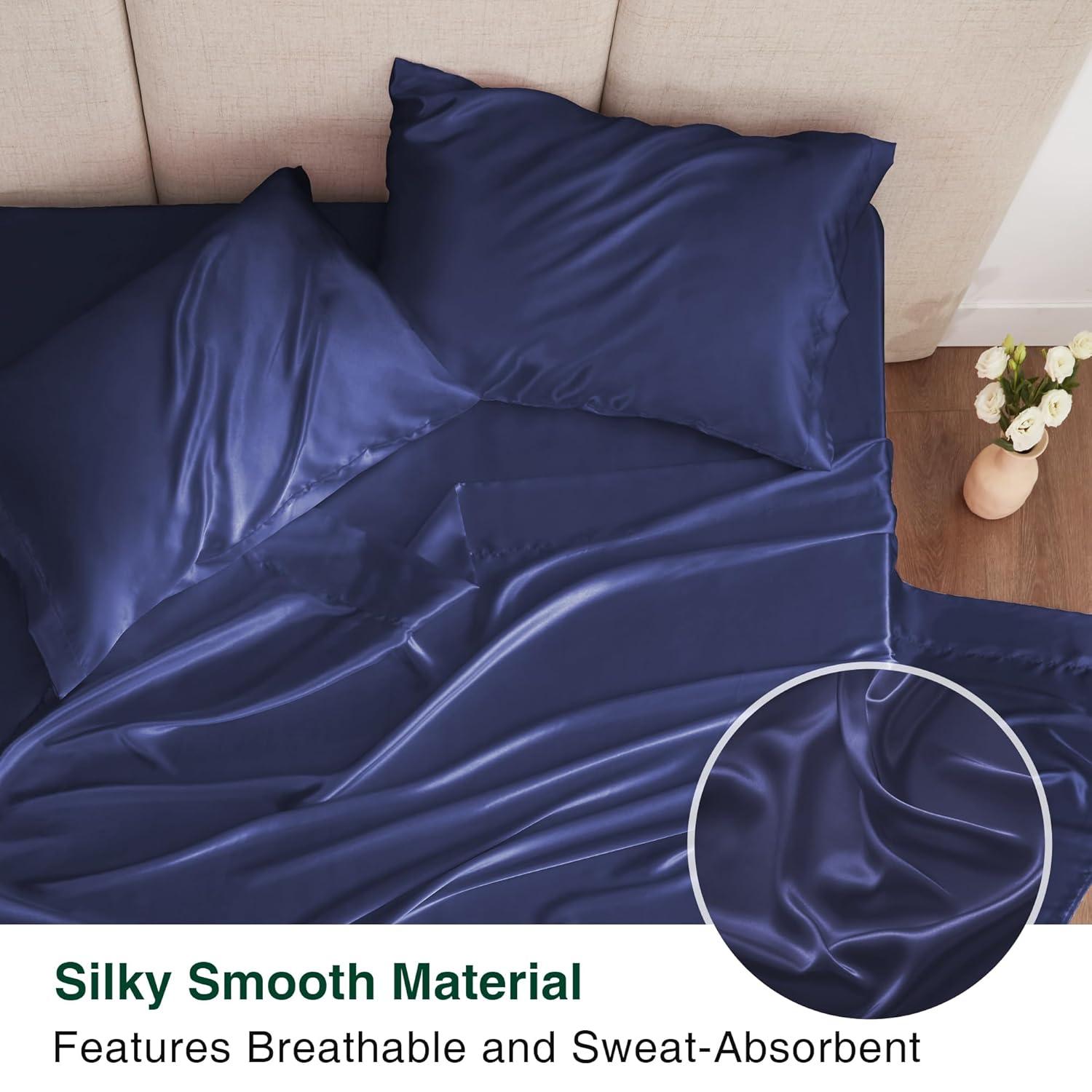 Love's cabin Satin King Sheet Sets - 4 Piece Navy Blue Silky Sheets King Size Bed with Deep Pocket, Luxury Silk Feel King Size Satin Sheet Set (1 Flat Sheet,1 Fitted Sheet,2 Pillow Cases)