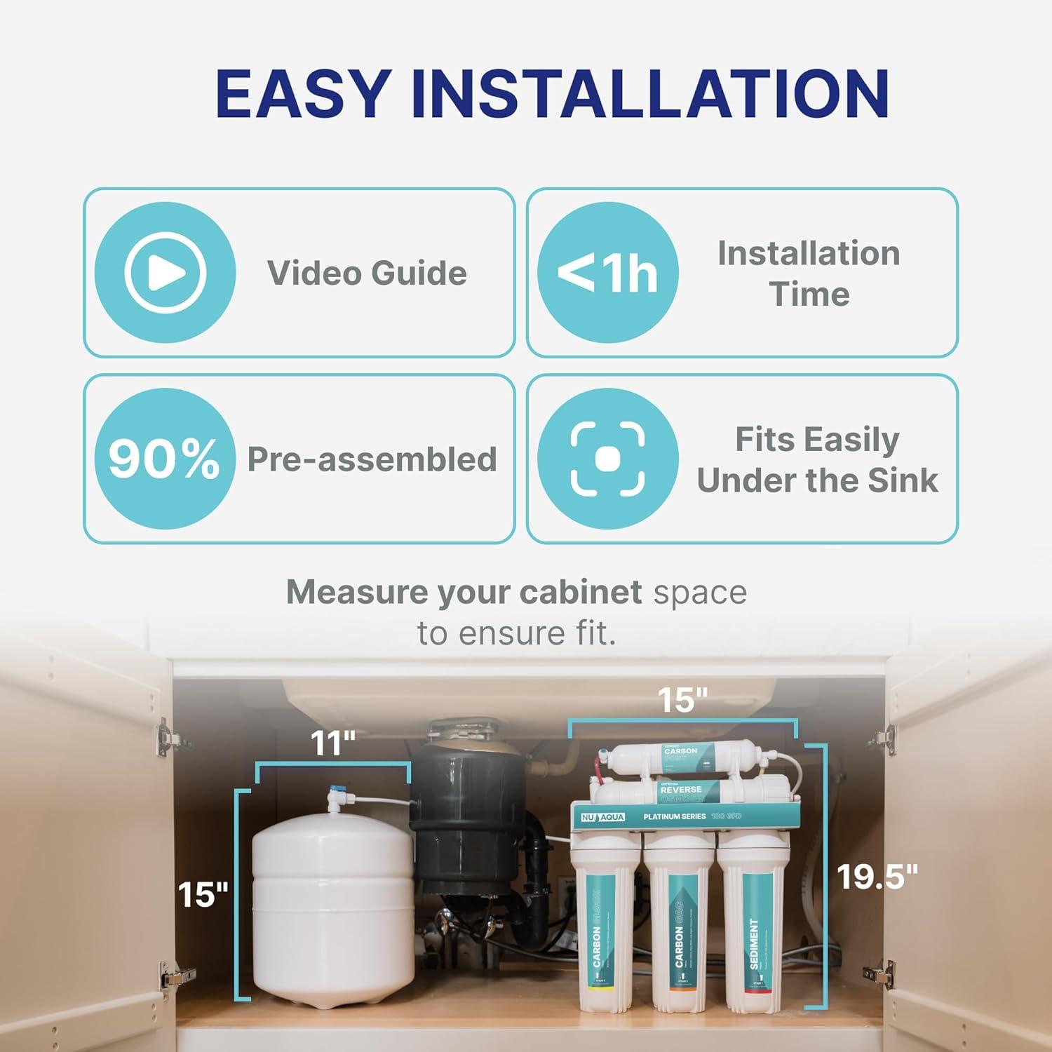 NU Aqua 6-Stage Alkaline Under Sink Reverse Osmosis Water Filter System - Booster Pump - 100 GPD RO Filtration w/Faucet & Tank - Remineralization - 100GPD Undersink - Home & Kitchen Drinking Purifier