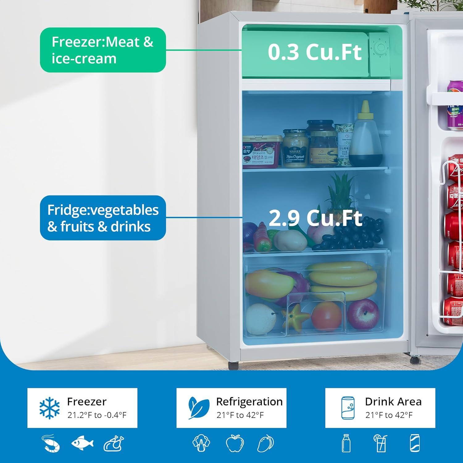 3.2 Cu. Ft Small Refrigerator with 7 Level Adjustable Thermostat, Mini Fridge with Freezer, Crisper Drawer & Removable Glass Shelves, Reversible Door, Fridge for Home Apartment Office, White