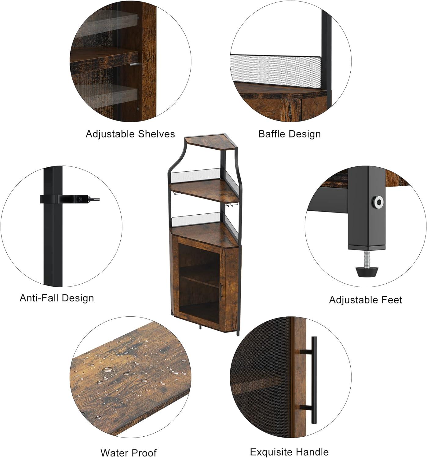 Corner Wine Cabinet with Removable Wine Rack, Wine Bar Cabinet with Barn Door and Adjustable Shelves, Industrial Wine Cabinet for Dining Room, Living Room,Kitchen (Retro Brown)