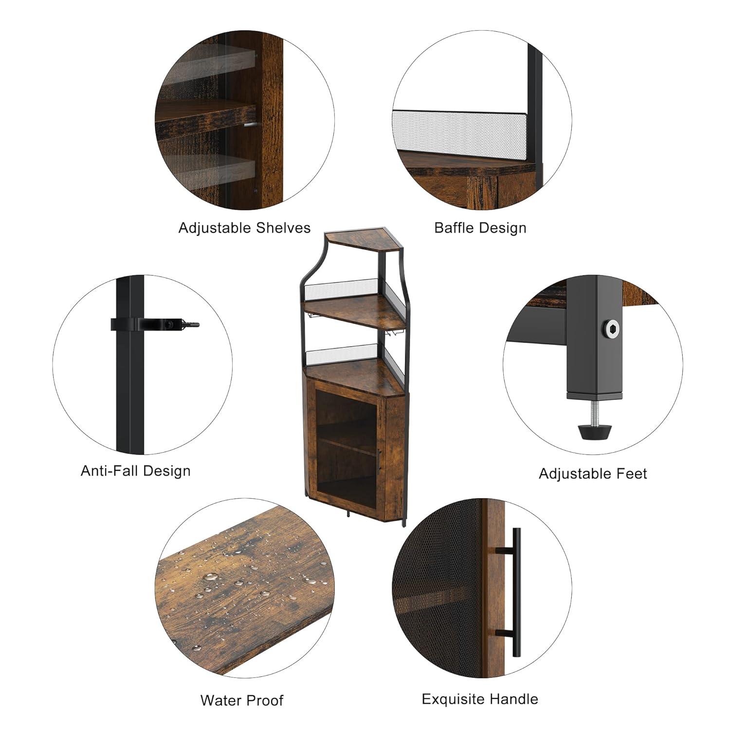 Corner Wine Cabinet with Removable Wine Rack, Wine Bar Cabinet with Barn Door and Adjustable Shelves, Industrial Wine Cabinet for Dining Room, Living Room,Kitchen (Retro Brown)