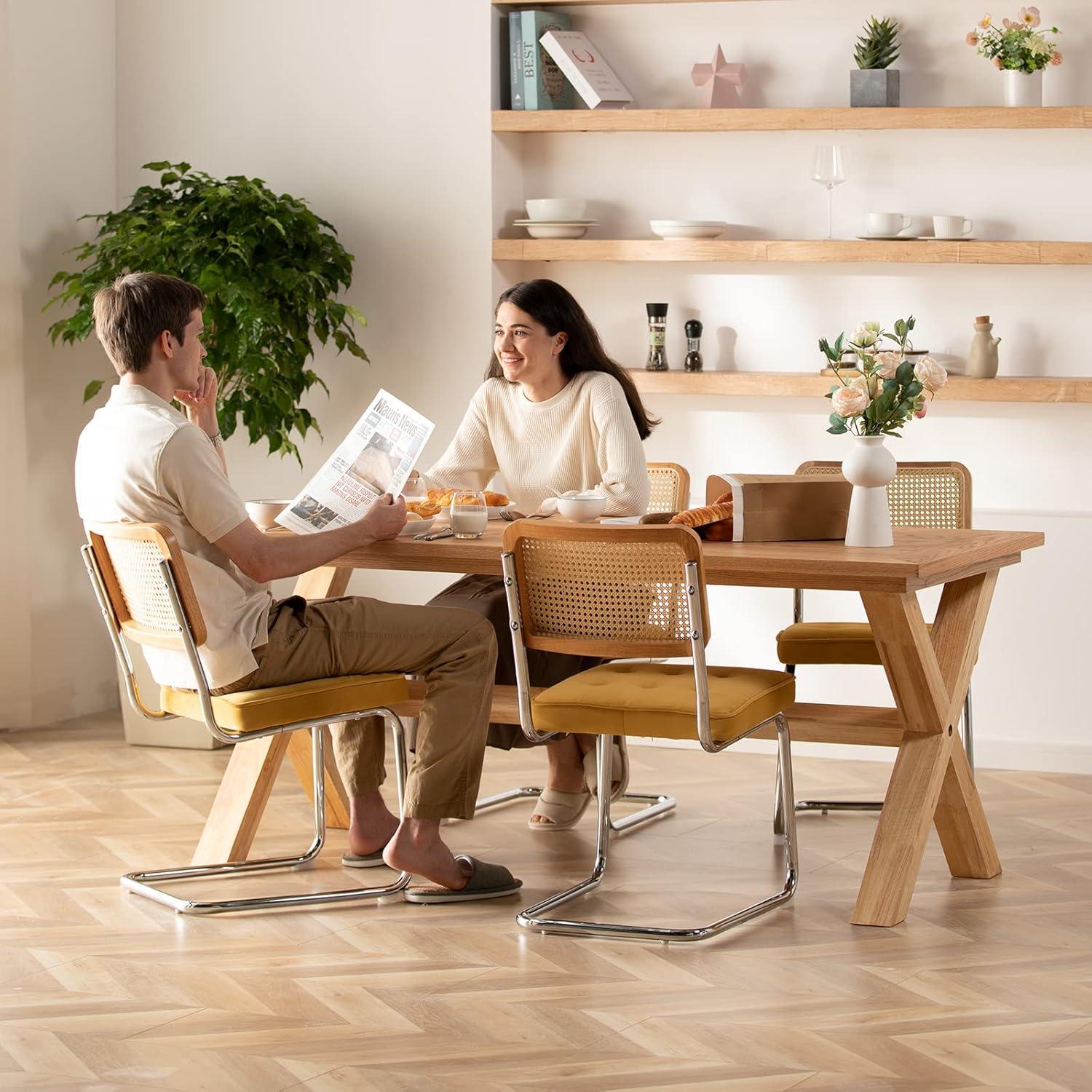 COLAMY Velvet Rattan Dining Chairs Set of 2, Mid Century Modern Dining Room Kitchen Side Chairs with Metal Chrome Legs and Upholstered Seat for Home, Living Room, Bedroom - Yellow