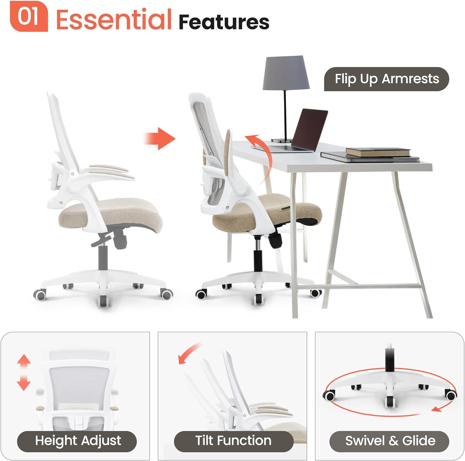 Neo Chair Ergonomic High Back Office Chair with Flip-up Arms Adjustable Lumbar Support, Beige