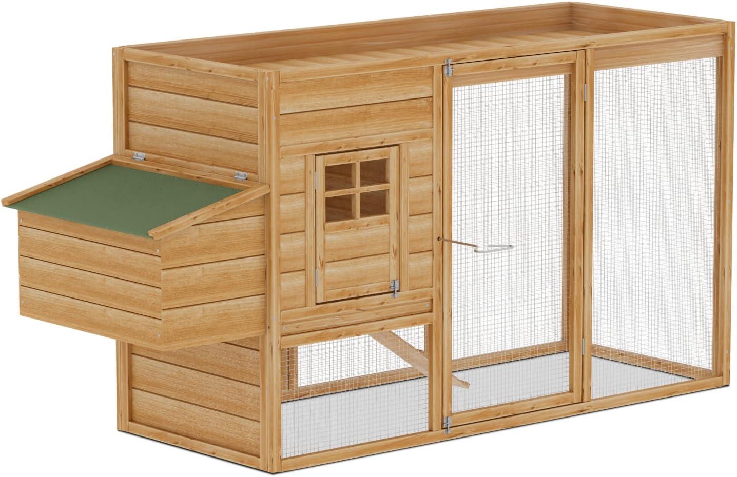 MoNiBloom Outdoor Chicken Coop with Nesting Box, Outdoor Hen Run House with Slide-Out Tray and Sliding Door, Weatherproof Poultry Cage, Rabbit Hutch, Wood Duck House (Natural)
