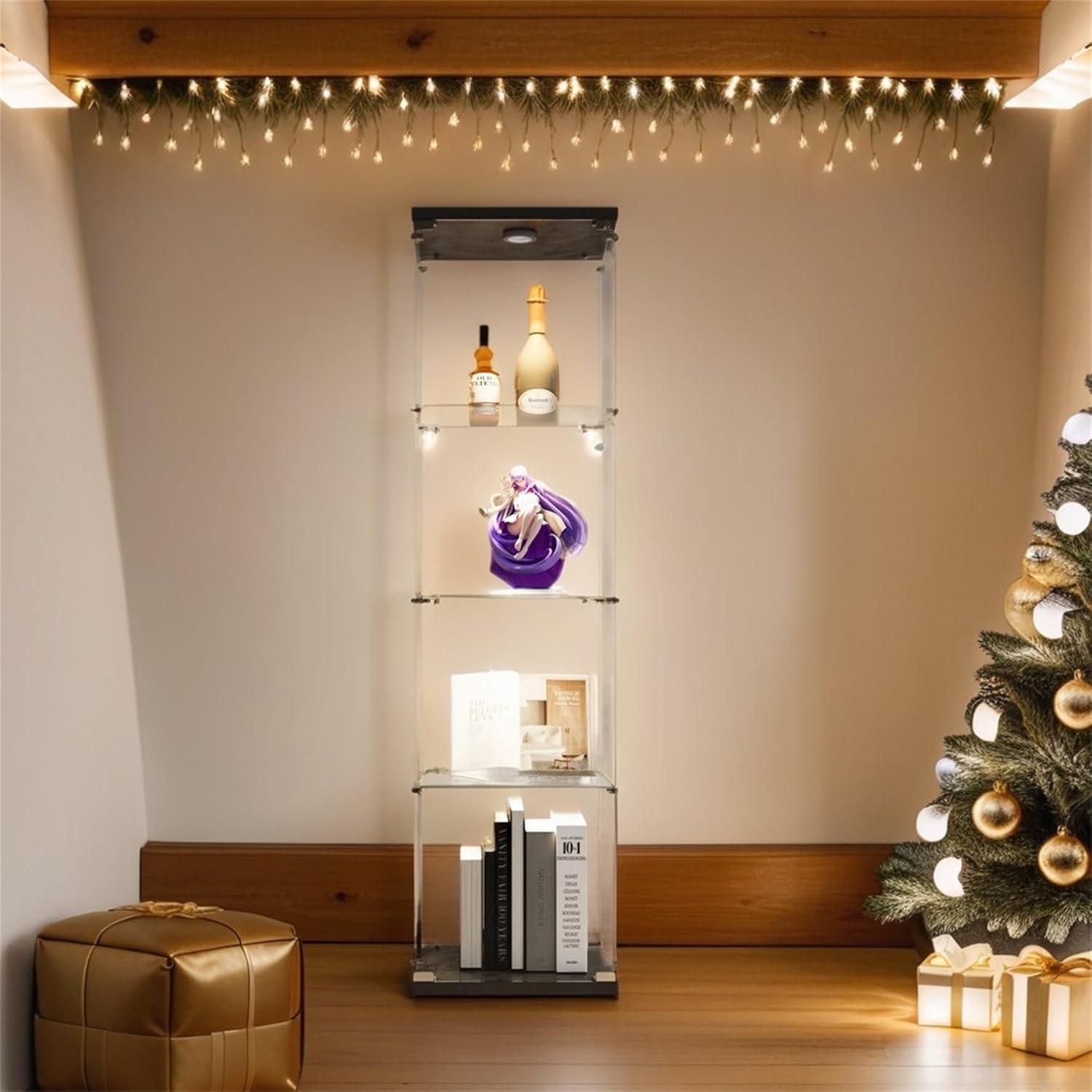 Glass Display Cabinet with LED Light,4 Tier Shelf Glass-Door Cabinet in Clear,Floor Standing Curio Cabinets Collection Display Case Glass Bookshelf