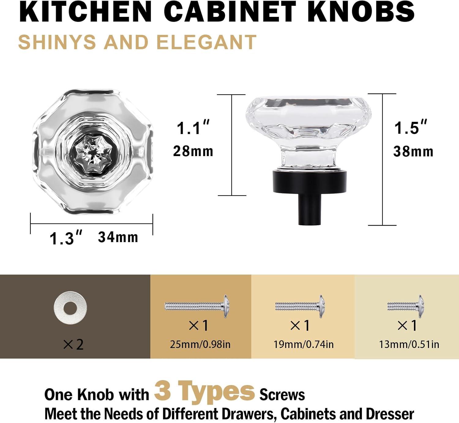 8 Pcs Crystal Cabinet Knobs, Glass Cabinet Knobs for Dresser Drawers, Kitchen Drawer Pulls Black Matte, Octagon