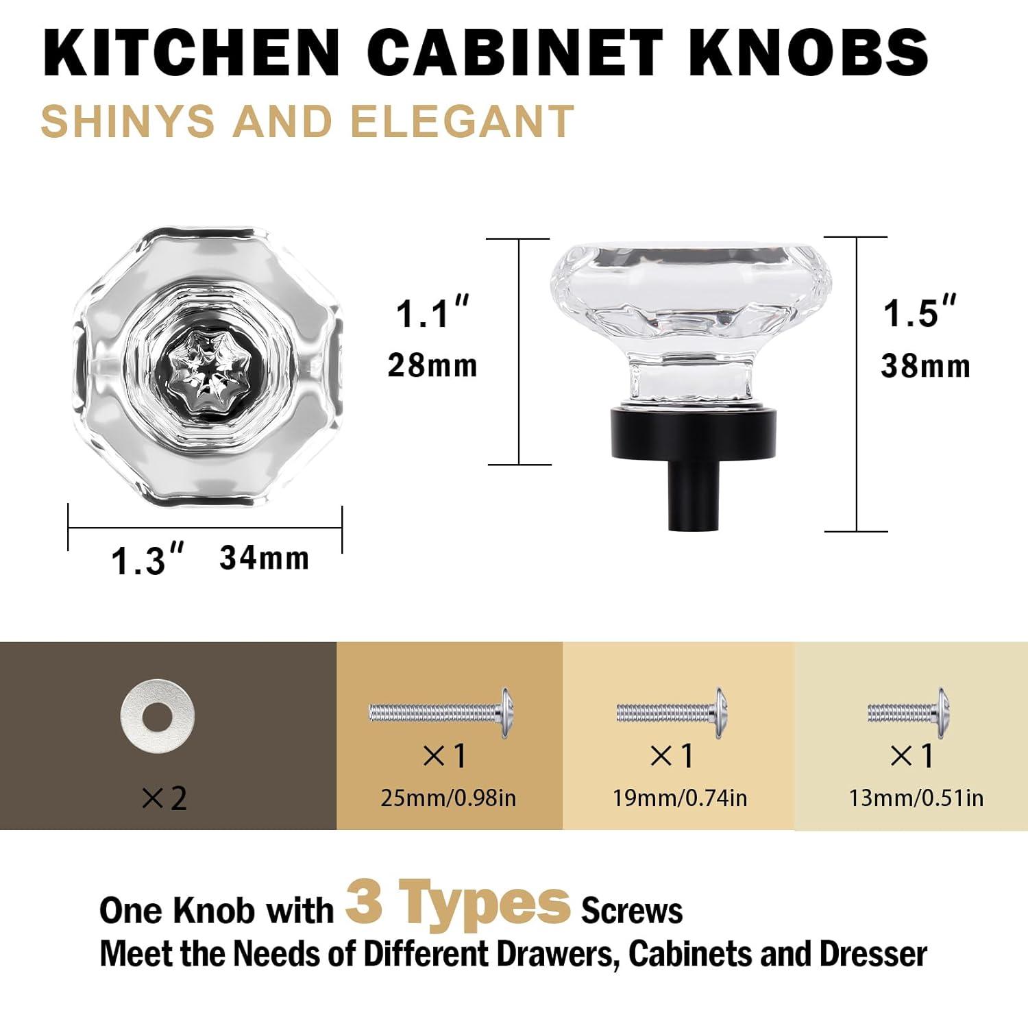 8 Pcs Crystal Cabinet Knobs, Glass Cabinet Knobs for Dresser Drawers, Kitchen Drawer Pulls Black Matte, Octagon