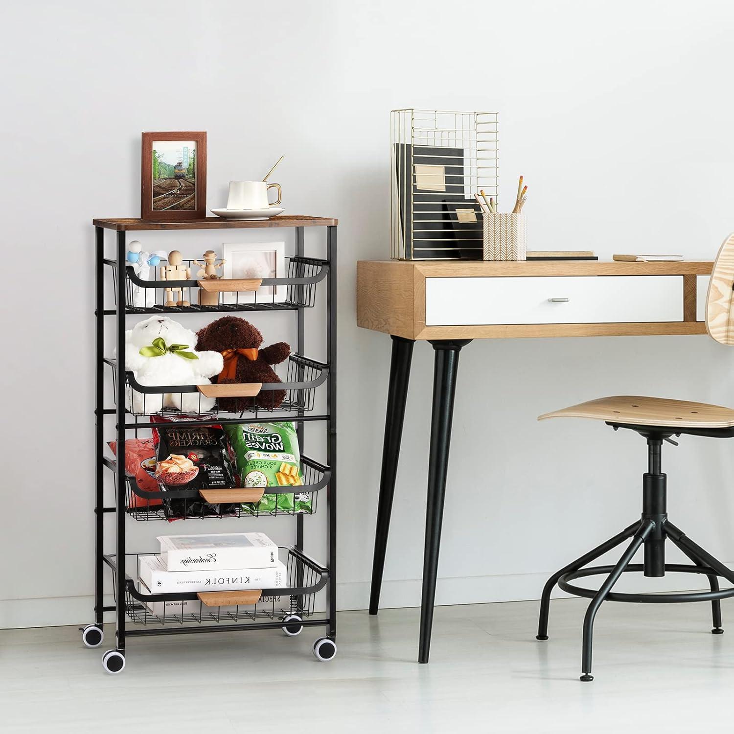 5-Tier Black Metal and Wood Kitchen Cart with Pull-Out Baskets