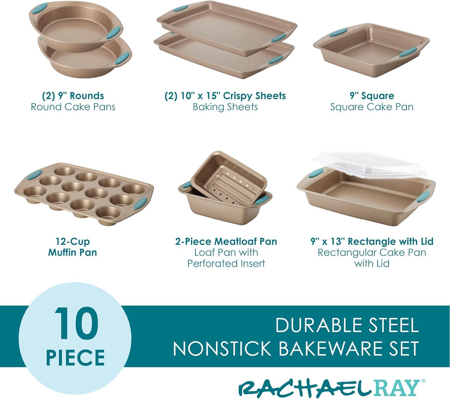 Latte Brown Nonstick 10-Piece Bakeware Set with Blue Grips